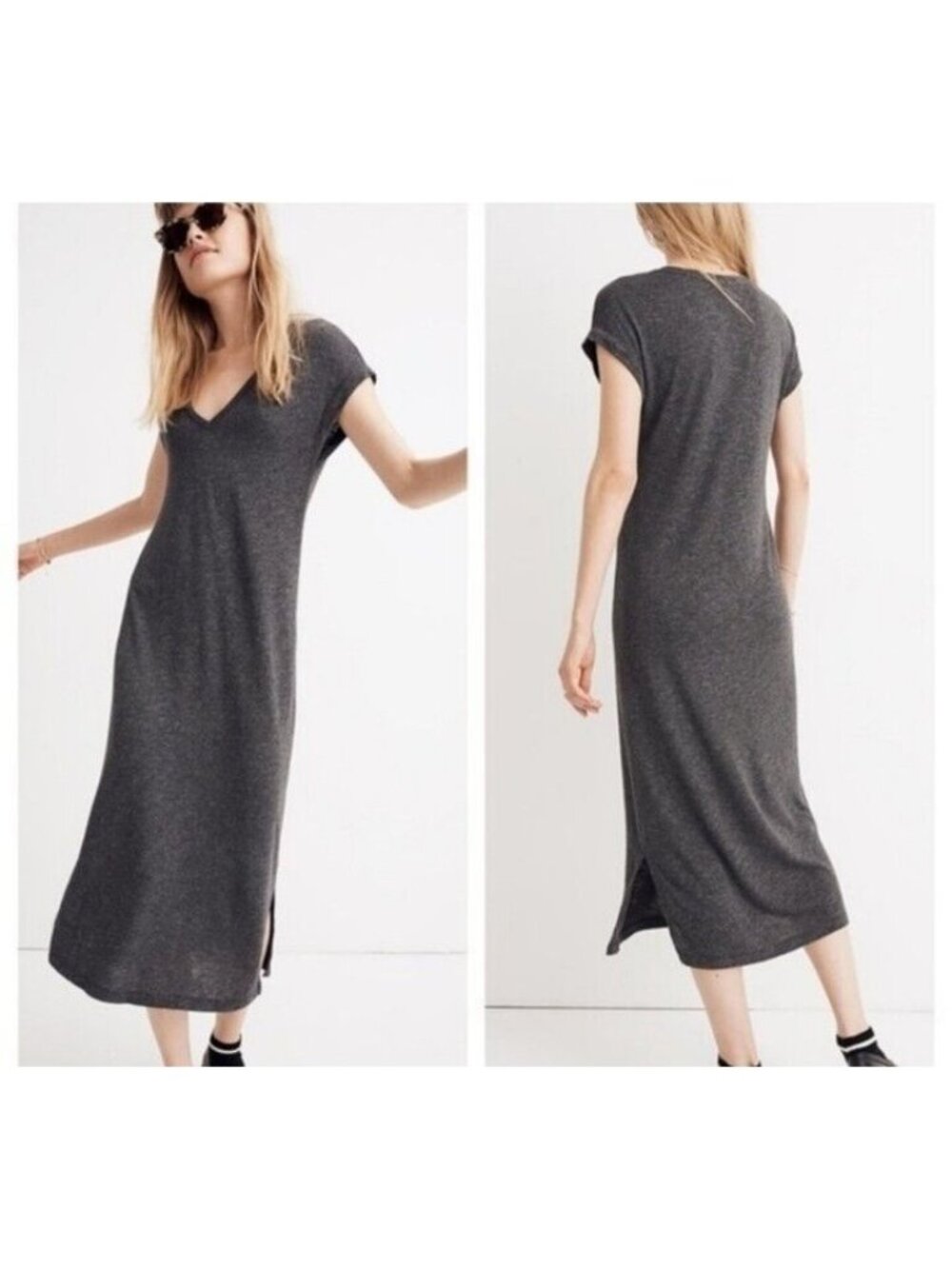 Madewell Midi Dress  Size Small Gray Vneck Muscle Cap Sleeve Stretch Summer